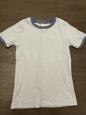 kate quinn Light Blue Ribbed Tee with Heather Navy Trim